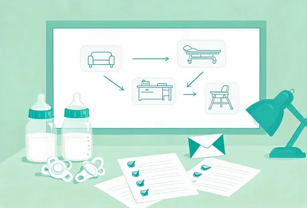 Clinical contact desk with baby bottles, support notes, and a clean office map board