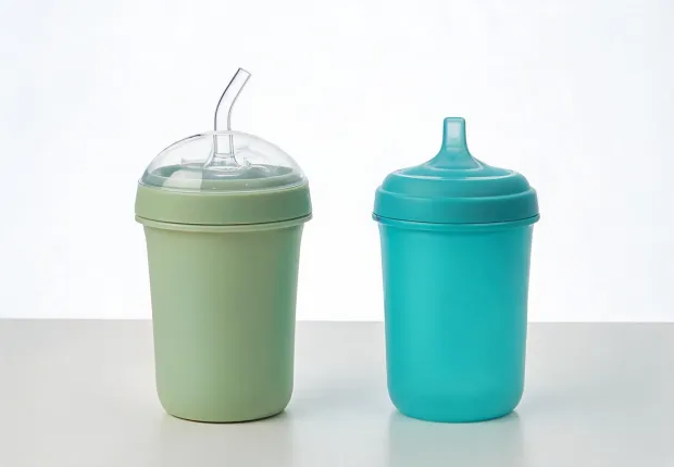 Toddler sippy cups and straw cups photographed for retail product guidance