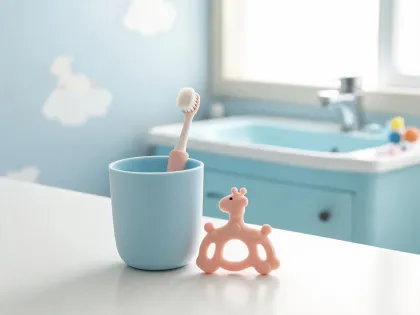 Baby oral care kit with toothbrush and teether in clean bathroom nursery setting