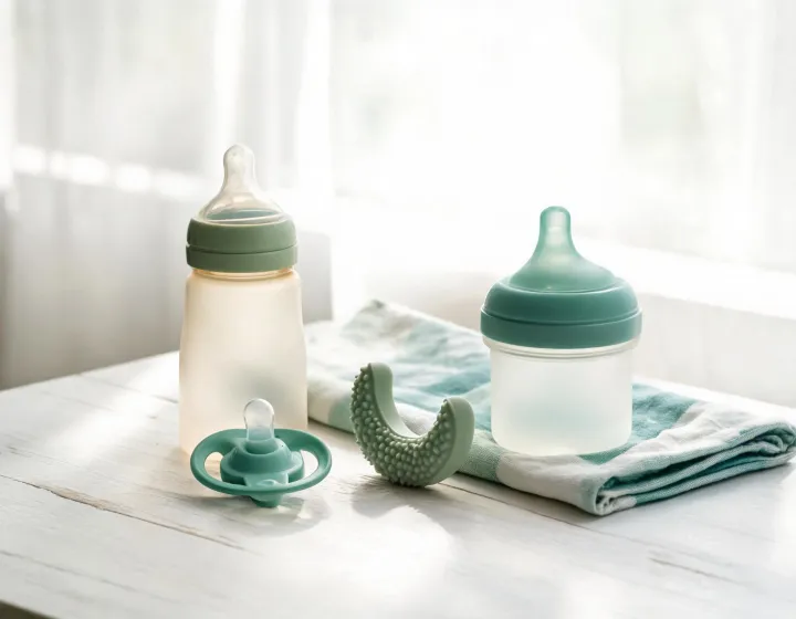 Baby feeding bottles, pacifier, teether, and folded muslin in a clean clinical nursery product scene
