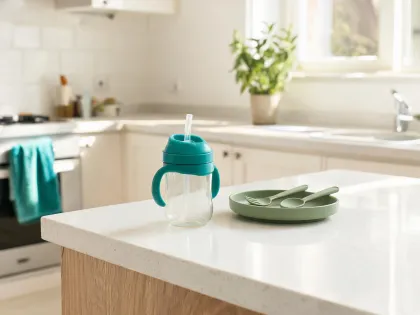 Toddler cup routine with straw cup and small tableware