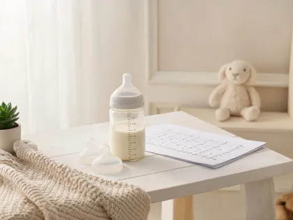 Breastfed baby bottle transition scene with measured feeding notes