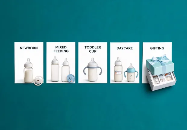 Baby feeding use case cards arranged by newborn, toddler, daycare, and gifting stages